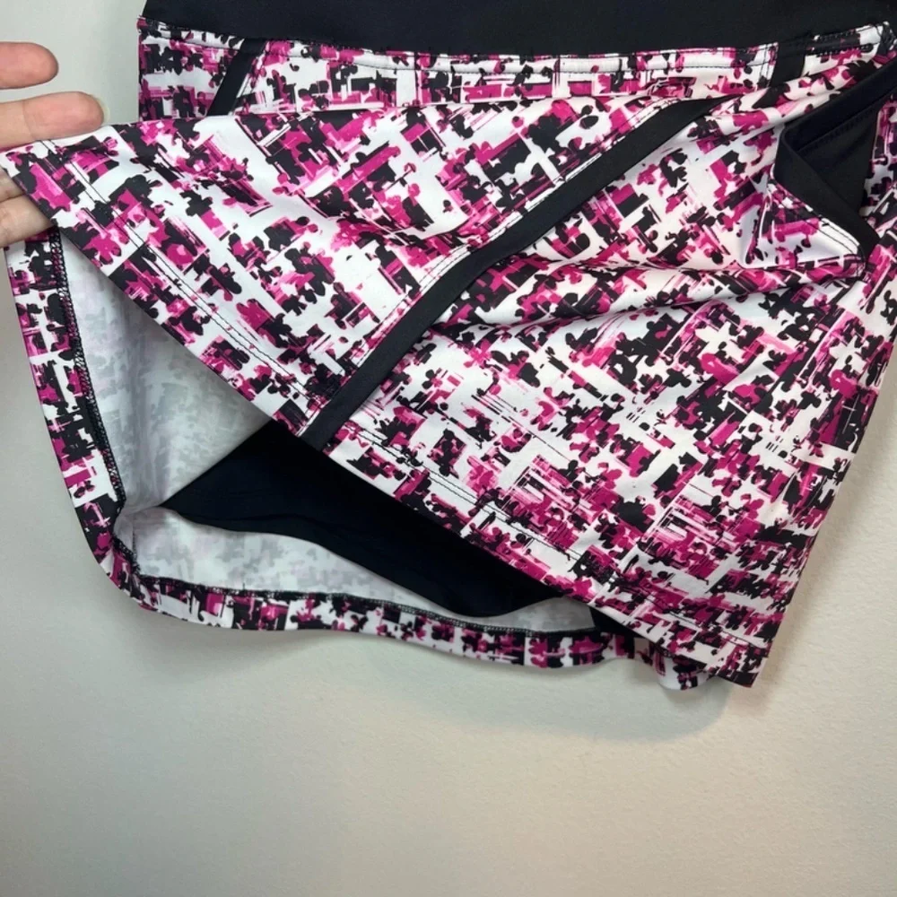 PGA Tour Golf Skort Skirt Black White Pink Geometric Pull On Pockets Mini Medium